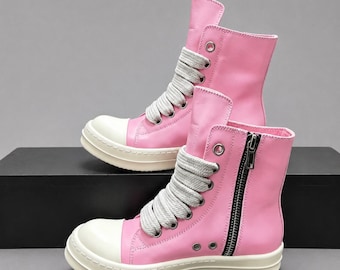 Pink Chunky High Top Sneakers | Rick Inspired Genuine Leather Wide Lace Shoes | Side Zip Platform Fashion Sneakers