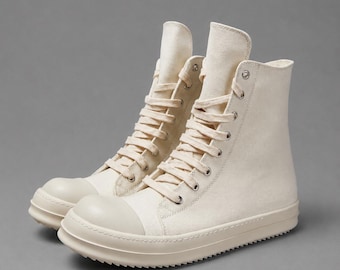 Cream White Chunky High Top Canvas Sneakers | Rick Inspired Thin Lace Shoes | Side Zip Platform Fashion Sneakers