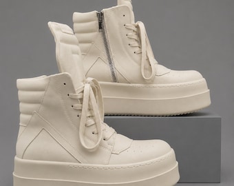 Genuine Leather High Top Sneakers | Rick Inspired Beige Cream Extra Chunky Platform Shoes | Side Zip Streetwear