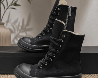Black Canvas High Top Sneakers | Rick Inspired Slim Lace Sneakers | Side Zip Unisex Streetwear Shoes