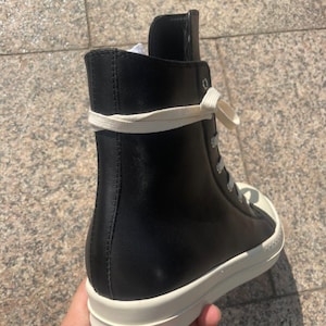 Genuine Leather Thin Lace Up High Top Sneakers: Rick Owens Style Black Platform Chunky Shoes image 5