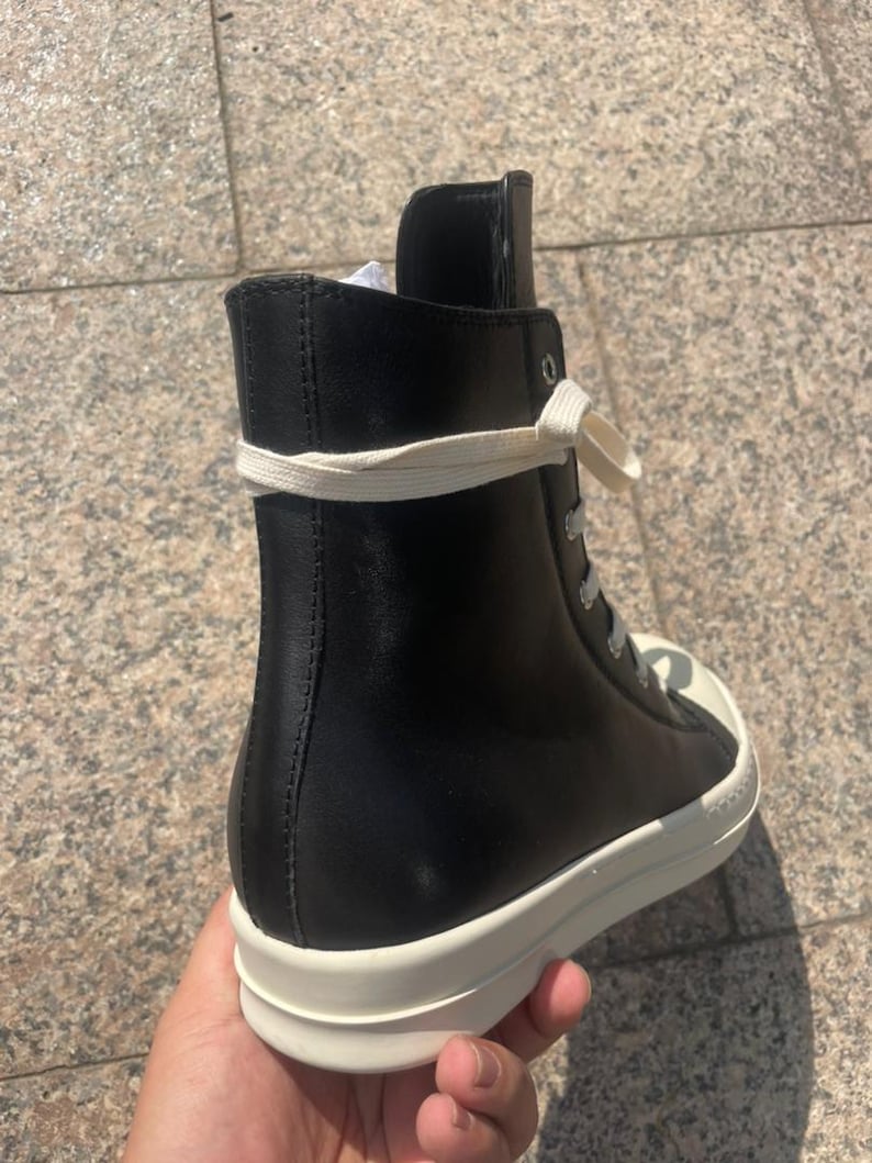 Genuine Leather Thin Lace Up High Top Sneakers: Rick Owens Style Black Platform Chunky Shoes image 5