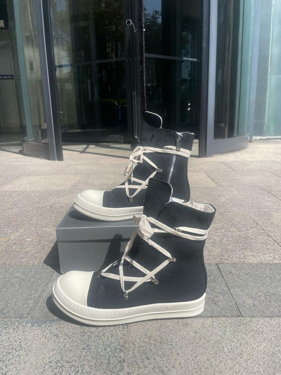Canvas Platform Shoes: Rick Owens Style High Top Lace-Up Black Chunky Sneakers