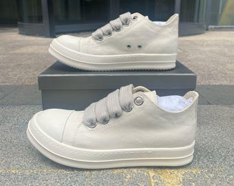 Rick Owens Style White Canvas Low Top Sneakers - Lace-Up Casual Shoes