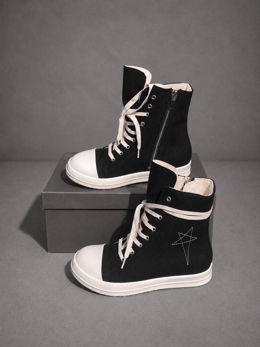 Shoes Black Canvas High Top Sneakers: Rick Owens Style Unisex Lace