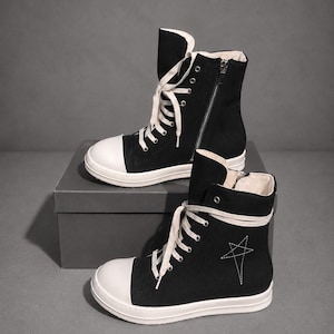 Shoes Black Canvas High Top Sneakers: Rick Owens Style Unisex Lace Up Chunky Boots