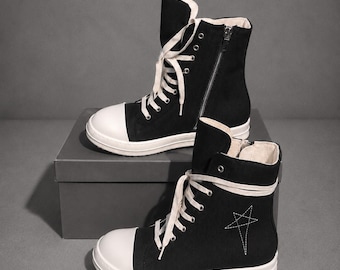 Shoes Black Canvas High Top Sneakers: Rick Owens Style Unisex Lace Up Chunky Boots