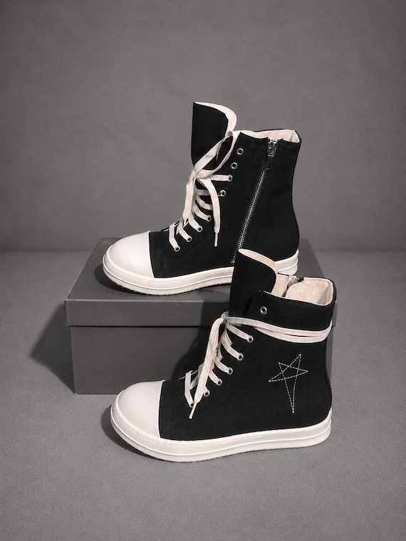 Shoes Black Canvas High Top Sneakers: Rick Owens Style Unisex Lace