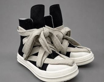 Black White Canvas High Top Sneakers | Rick Inspired Wide Lace Platform Shoes | Side Zip Avant Garde Streetwear