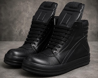 Genuine Leather Black High Top Sneakers | Rick Inspired Chunky Platform Shoes | Side Zip Streetwear