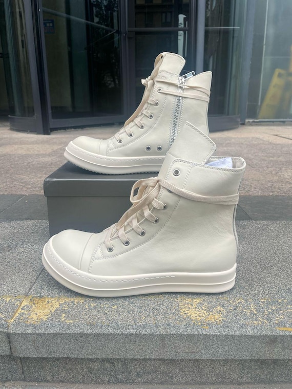 Leather Rick Owens Style High Top Sneakers: White Platform Chunky Shoes