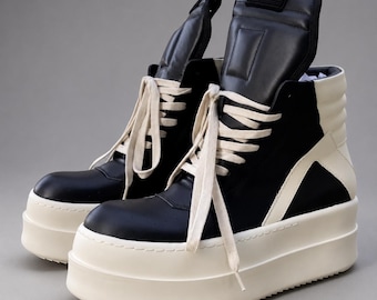 Genuine Leather High Top Sneakers | Rick Inspired Black White Extra Chunky Platform Shoes | Side Zip Streetwear