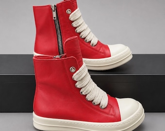 Red Chunky High Top Sneakers | Rick Inspired Genuine Leather Wide Lace Shoes | Side Zip Platform Fashion Sneakers