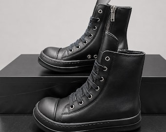 Genuine Leather High Top Sneakers | Rick Inspired All Black Thin Lace Sneakers | Chunky Platform Side Zip Streetwear Shoes