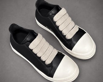 Sneakers Rick Owens Style Genuine Leather Wide lace Low Top Chunky Sneakers: Black Casual Shoes
