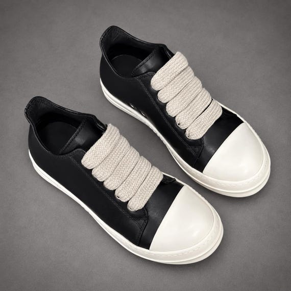 Sneakers Rick Owens Style Genuine Leather Wide lace Low Top Chunky Sneakers: Black Casual Shoes