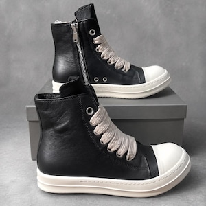Genuine Leather Rick Owens Style Wide Lace Up High Top Sneakers: Black Platform Zipper Chunky Shoes