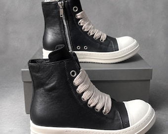 Genuine Leather Rick Owens Style Wide Lace Up High Top Sneakers: Black Platform Zipper Chunky Shoes