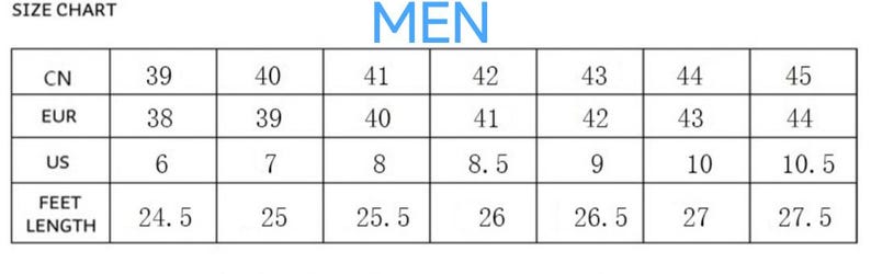 May include: Size chart for men's shoes showing conversions between Chinese, European, UK, and foot length in centimetres.