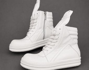 Genuine Leather White High Top Sneakers | Rick Inspired Chunky Platform Shoes | Side Zip Streetwear