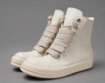 Cream White Chunky High Top Sneakers | Rick Inspired Genuine Leather Wide Lace Shoes | Side Zip Platform Fashion Sneakers