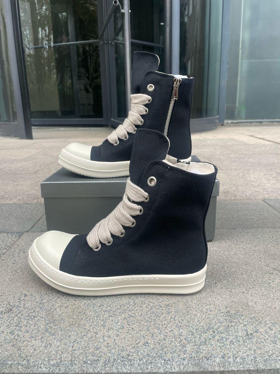 Shoes Rick Owens Style Canvas Platform Sneakers: Black Wide Lace