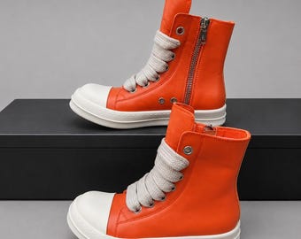 Orange Chunky High Top Sneakers | Rick Inspired Genuine Leather Wide Lace Shoes | Side Zip Platform Fashion Sneakers