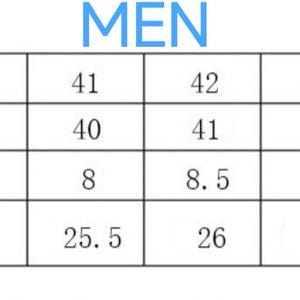 May include: A size chart for men's shoes, with measurements in US, EUR, and CN sizes. The chart includes foot length in centimeters, ranging from 24.5 cm to 27.5 cm, and corresponding US sizes from 6 to 10.5.