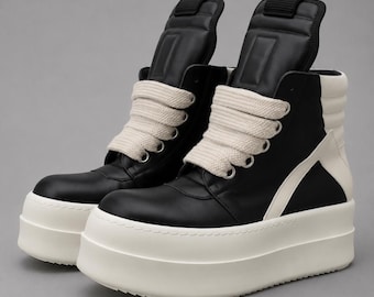 Genuine Leather High Top Sneakers | Rick Inspired Black White Chunky Platform Shoes | Wide Laces Side Zip Streetwear