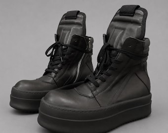 Genuine Leather High Top Sneakers | Rick Inspired All Black Chunky Platform Shoes | Side Zip Streetwear