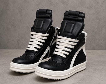 Genuine Leather High Top Sneakers | Rick Inspired Black White Chunky Platform Shoes | Side Zip Streetwear