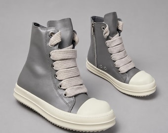 Grey Chunky High Top Sneakers | Rick Inspired Genuine Leather Wide Lace Shoes | Side Zip Platform Fashion Sneakers