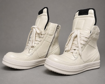 Genuine Leather Off White High Top Sneakers | Chunky Platform Shoes | Side Zip Streetwear | Unisex Sneaker