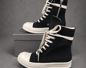 Black Shoes Canvas High Top Sneakers: Unisex Thin Lace Up Chunky Boots