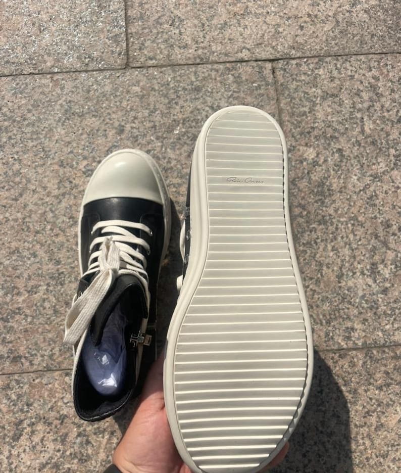 Genuine Leather Thin Lace Up High Top Sneakers: Rick Owens Style Black Platform Chunky Shoes image 9