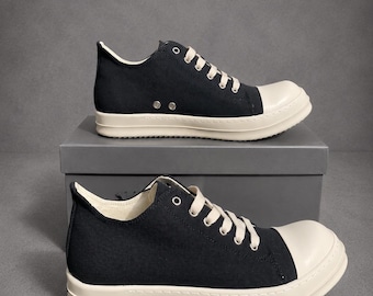 Rick Owens Style Black Canvas Chunky Sneakers: Unisex Low Top Shoes