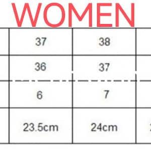 May include: Size chart for women's shoes, showing conversions between Chinese, European, US, and foot length in centimetres.