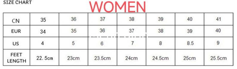 May include: Size chart for women's shoes, showing conversions between Chinese, European, US, and foot length in centimetres.