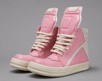 Genuine Leather Pink High Top Sneakers | Rick Inspired Chunky Platform Shoes | Side Zip Streetwear