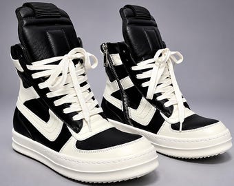 Genuine Leather Black White High Top Sneakers | Rick Inspired Chunky Platform Shoes | Side Zip Streetwear