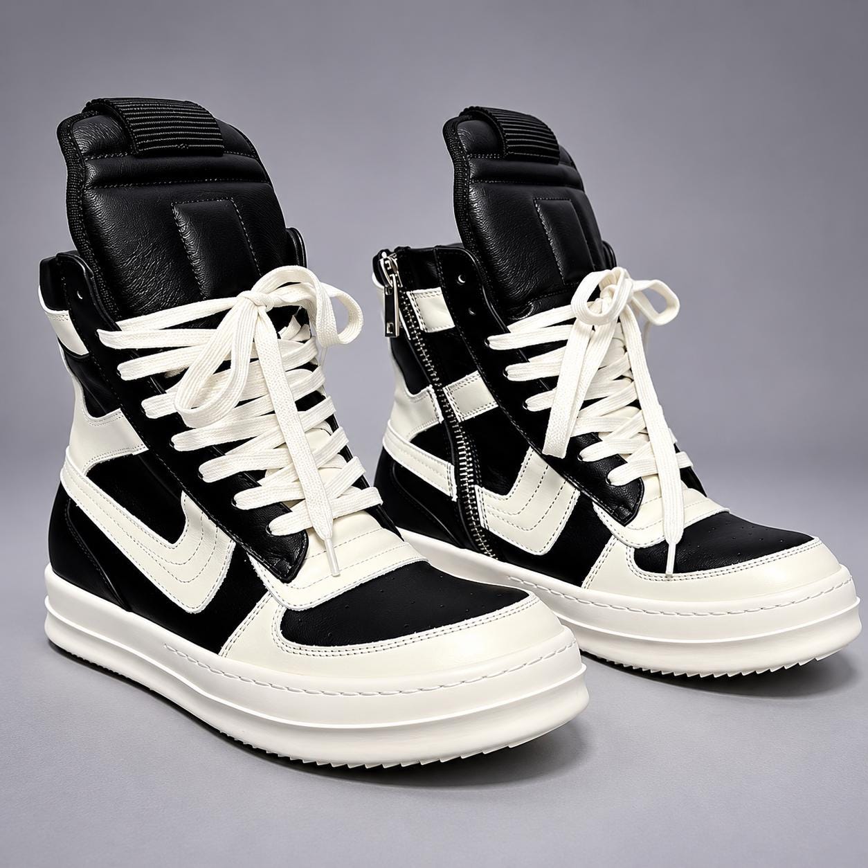 Genuine Leather Black White High Top Sneakers Rick Inspired Chunky Platform Shoes Side Zip Streetwear