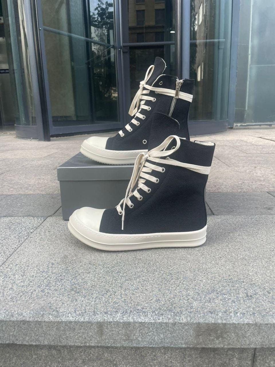 Rick Owens Model Shoes Canvas Unisex Boots High Top Lace Up Zipper Black Chunky Sneakers Casual Shoes