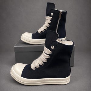 Shoes Rick Owens Style Canvas Platform Sneakers: Black Wide Lace Up Chunky High Top Unisex Boots