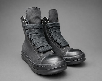 Canvas High Top Sneakers | Rick Inspired All Black Wide Lace Sneakers | Chunky Platform Side Zip Streetwear Shoes