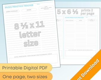 May include: A printable digital PDF music practice journal tracker. The design includes two sizes: 8 1/2 x 11 letter size and 5 x 6 1/2 inches. The journal features sections for warm-ups, songs, and notes. The design is ink-saving.