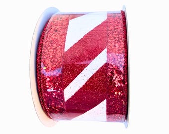 Red and White Glitter Stripe Wired Ribbon: 2.5in x 10 Yards