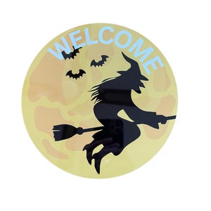 Halloween Witch Wreath Sign, 8" Round Metal Welcome Sign, Flying Witch Door Hanger, Halloween Wreath Attachment, Spooky Porch Decor
