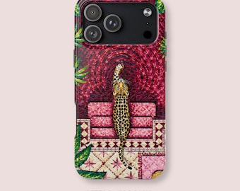 Leopard iPhone Case, Pointillist Jungle Art, Burgundy Sofa, Maximalist Style