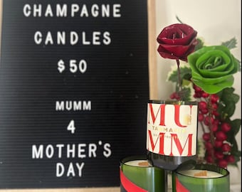Upcycled French champagne bottles filled with scented 100% natural soy wax. Wooden wick and presentation box