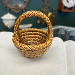 Vintage Ceramic Rope Basket | Miniature Glazed Brown Pottery Basket with Handle | Mid-Century Decorative Accent
